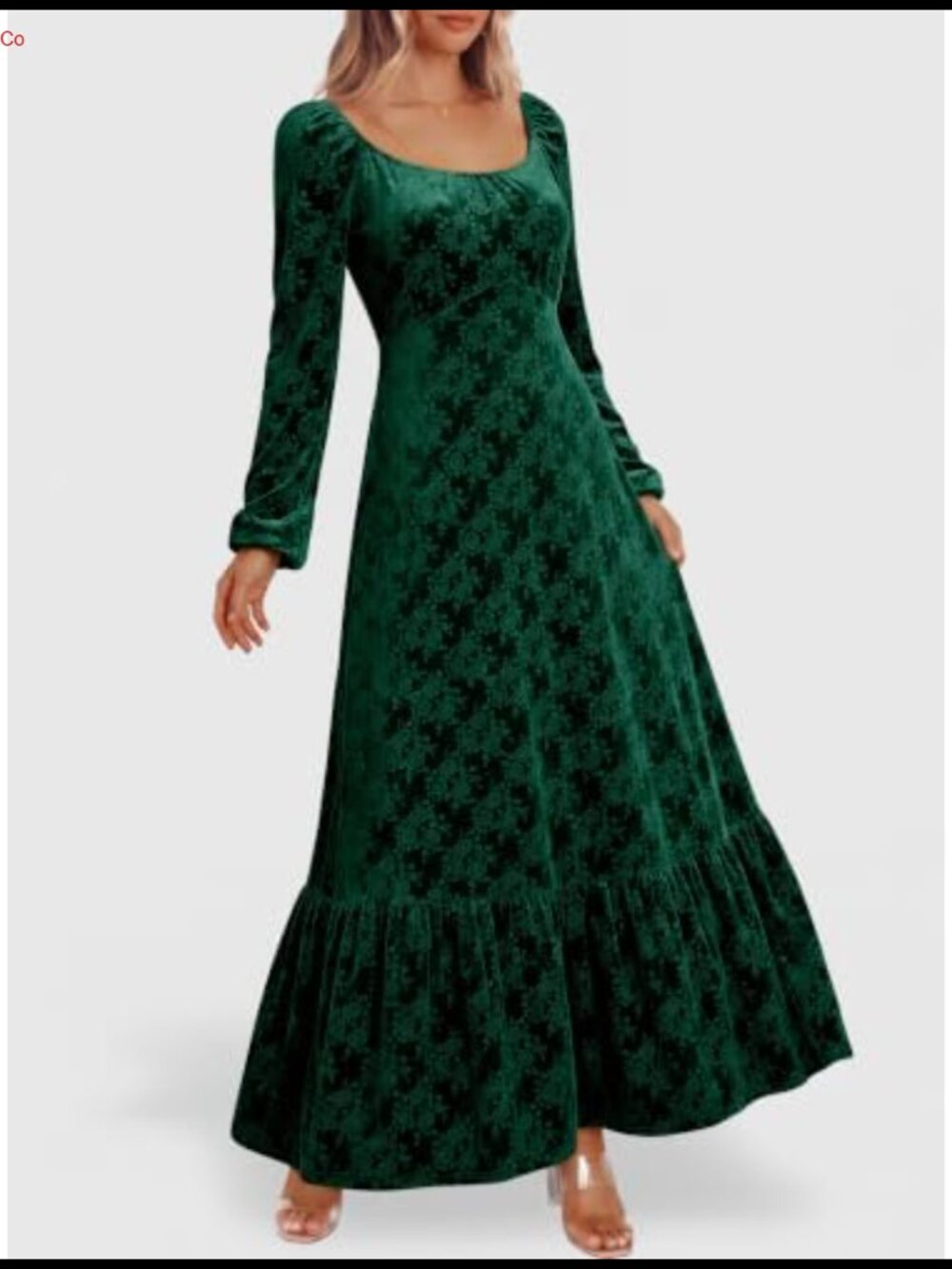 Velvet Formal Maxi Dress Long Sleeve Scoop Neck High Waist Ruffle Hem - Picture 3 of 6